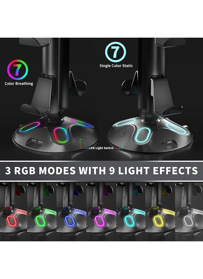 erorex - Gaming Rgb Headphone Stand Controller Holder With 9 Light Modes Headset Stand With 2 Usb Charging Ports And 3.5Mm & Type C Controller Stand Hanger Accessories For Desk And Gamer 1 Pcs Black - Image 1