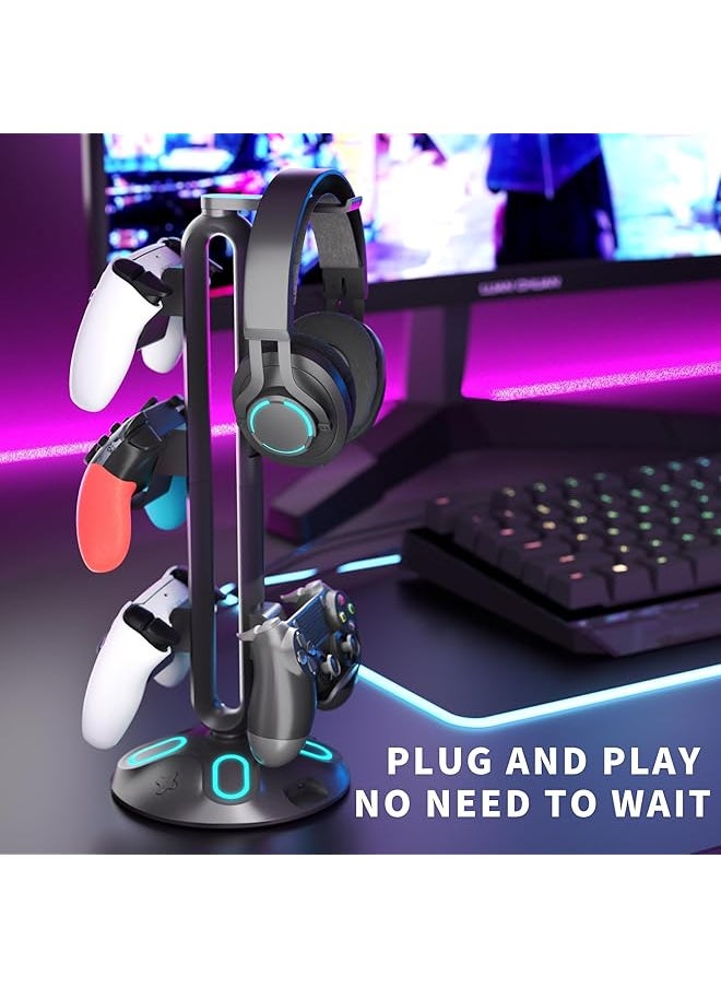 erorex - Gaming Rgb Headphone Stand Controller Holder With 9 Light Modes Headset Stand With 2 Usb Charging Ports And 3.5Mm & Type C Controller Stand Hanger Accessories For Desk And Gamer 1 Pcs Black - Image 1