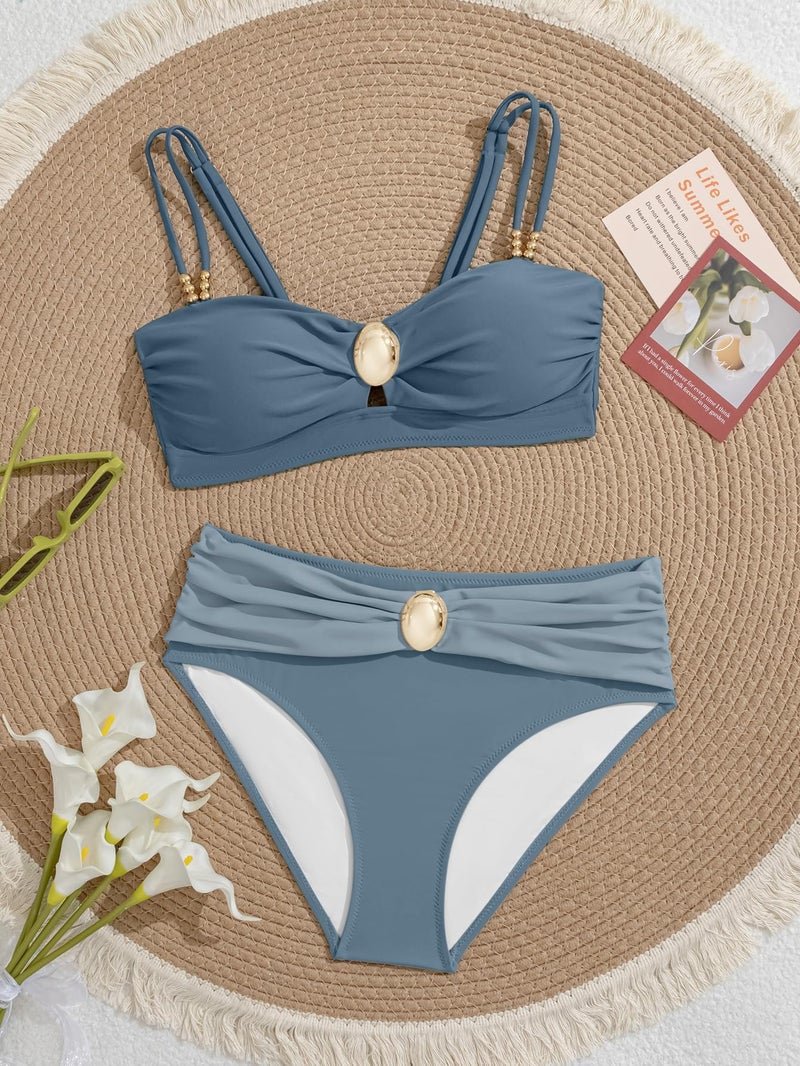 Eomenie Bikini Sets for Women Color Block Two Piece Bathing Suit V Neck Tie Back Swimsuit - Image 5