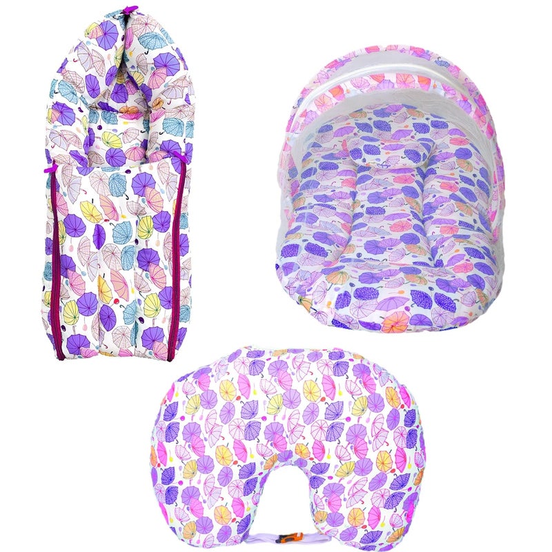 Kids Charm Umbrella 3 PCS Combo Set 3 in 1 Babys Cotton Bed Cum Carry Bed5 in 1 Babys Cotton Breast Feeding Pillow with Safety Belt2 in 1 Babys Cotton with Mosquito Net for 48 Months Violet