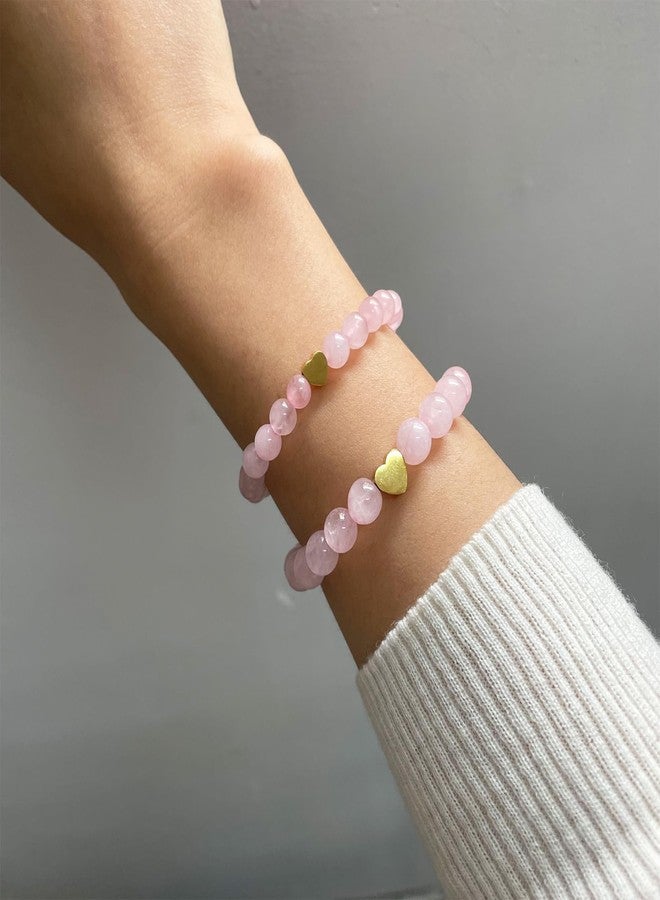 اتش تي اتش أساور HTH للأم وابنتها، سوار متطابق للأم وابنتها من الحجر الطبيعي على شكل قلب (وردي) - Image 2