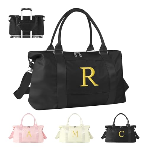 Iqimott Personalized Initial Gym Dance Bag Travel Duffel Bag for Teen Girls Carry On Bag Overnight Weekender Bag with Trolley Sleeve Birthday Gifts for Women Mom Daughter Graduation GiftLetter R Black - Image 1