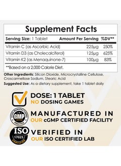 Nootropics Depot Vitamin D3 + K2 With Vitamin C Tablets ; 365 Count ; 125Μg ; Equivalent To 5000 Iu ; Year Supply  - Image 3