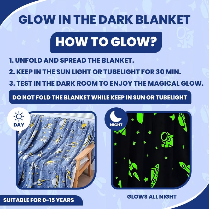 TONY STARK Big Size Glow in The Dark Blanket for Kids, 0-15 Years |200x150 Cm| Soft Flannel Fleece Throw, Cozy & Warm All-Season Radium Blanket for Boys & Girls - (UFO & Astronaut) - Image 2