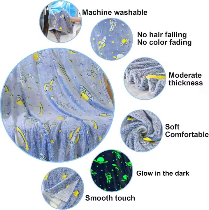 TONY STARK Big Size Glow in The Dark Blanket for Kids, 0-15 Years |200x150 Cm| Soft Flannel Fleece Throw, Cozy & Warm All-Season Radium Blanket for Boys & Girls - (UFO & Astronaut) - Image 3