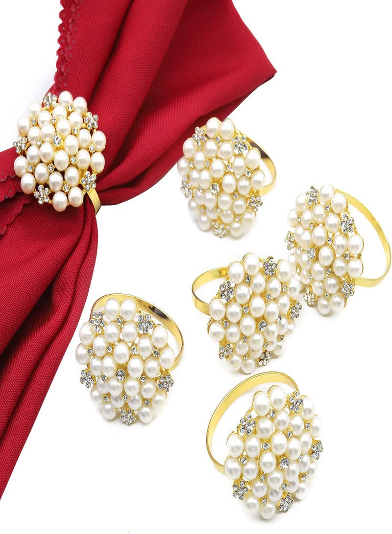 Elegant Rhinestone Pearl Napkin Rings Set of 6, Gold Serviette Holders for Wedding, Party, and Holiday Table Decorations, Bling Crystal Diamond Home Decor  - Image 1