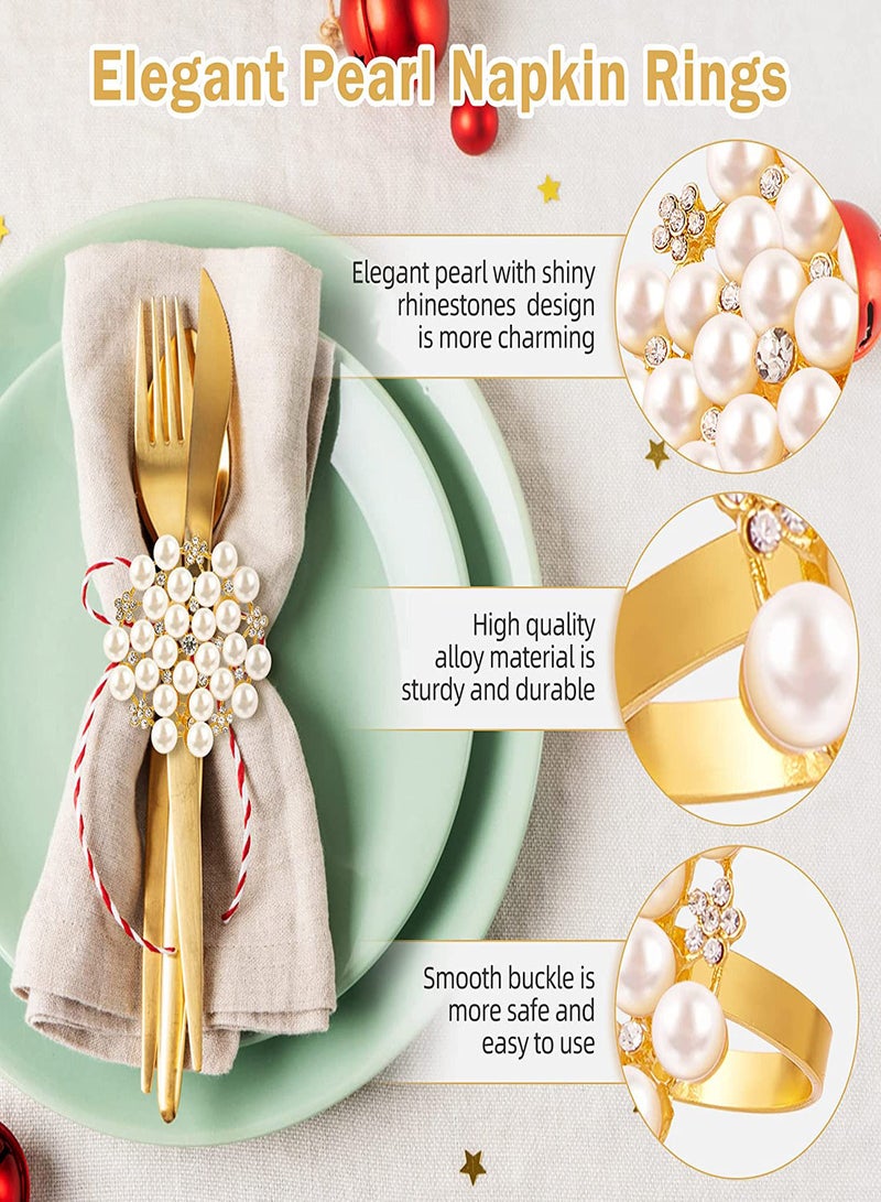 Elegant Rhinestone Pearl Napkin Rings Set of 6, Gold Serviette Holders for Wedding, Party, and Holiday Table Decorations, Bling Crystal Diamond Home Decor  - Image 4