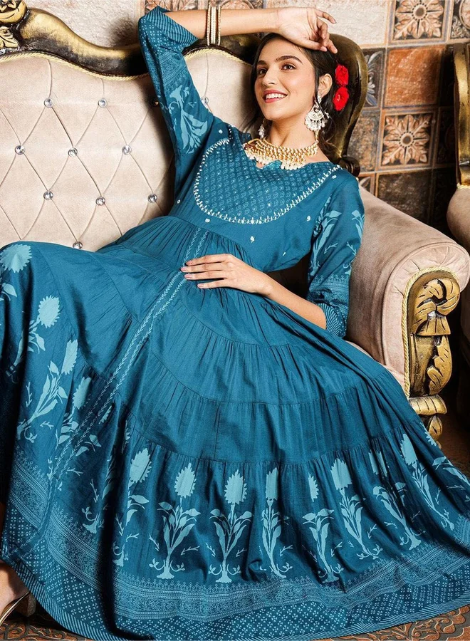 ISHIN ISHIN Teal Self-Design Tiered Midi Dress