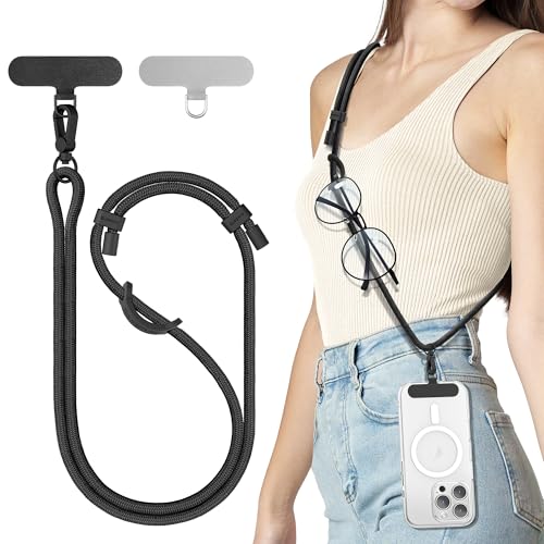 SURPHY Phone Lanyard, Adjustable Phone Strap Crossbody with 2 Pack Cell Phone Tether Tab, Premium Metal Buckles, Skin-Friendly, Universal Cell Phone Lanyard Crossbody for Women and Men, Black - Image 1