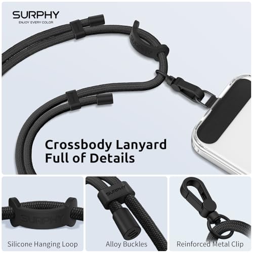 SURPHY Phone Lanyard, Adjustable Phone Strap Crossbody with 2 Pack Cell Phone Tether Tab, Premium Metal Buckles, Skin-Friendly, Universal Cell Phone Lanyard Crossbody for Women and Men, Black - Image 2