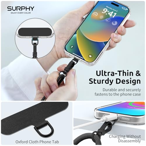 SURPHY Phone Lanyard, Adjustable Phone Strap Crossbody with 2 Pack Cell Phone Tether Tab, Premium Metal Buckles, Skin-Friendly, Universal Cell Phone Lanyard Crossbody for Women and Men, Black - Image 4