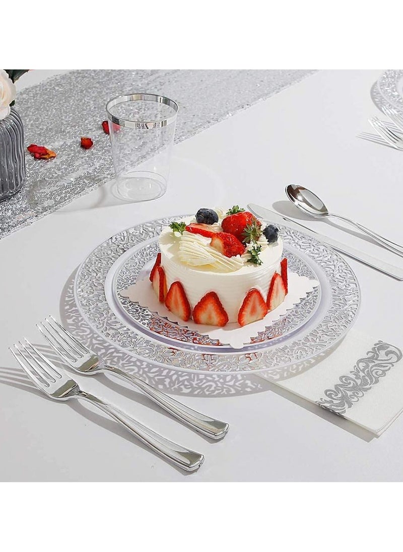 175 Pcs Silver Dinnerware Set 25 Guest Disposable Set Lunch Plates Set Part Plates Spoons Food Plates Set