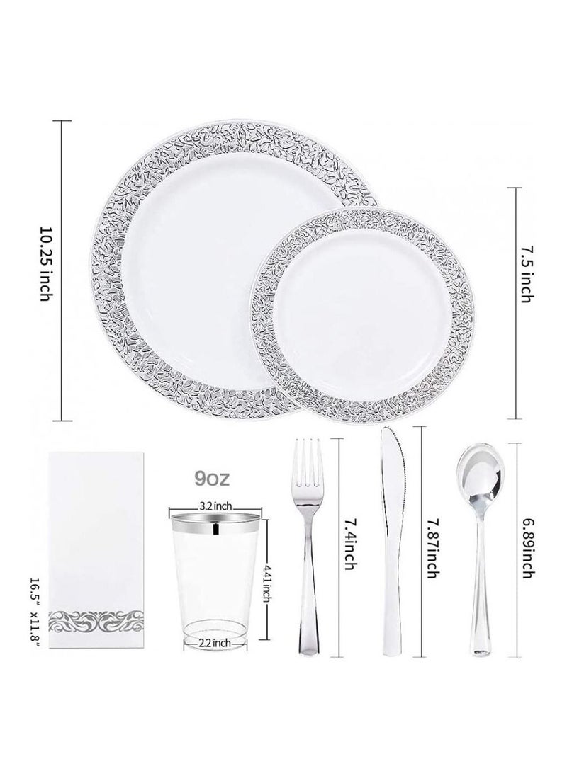 175 Pcs Silver Dinnerware Set 25 Guest Disposable Set Lunch Plates Set Part Plates Spoons Food Plates Set