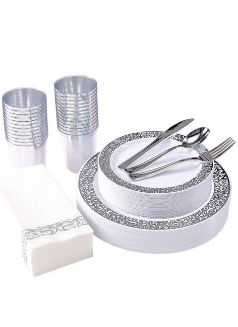 175 Pcs Silver Dinnerware Set 25 Guest Disposable Set Lunch Plates Set Part Plates Spoons Food Plates Set
