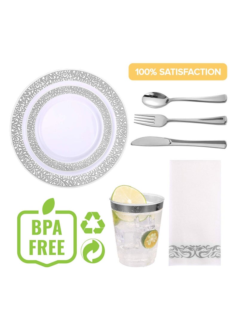 175 Pcs Silver Dinnerware Set 25 Guest Disposable Set Lunch Plates Set Part Plates Spoons Food Plates Set