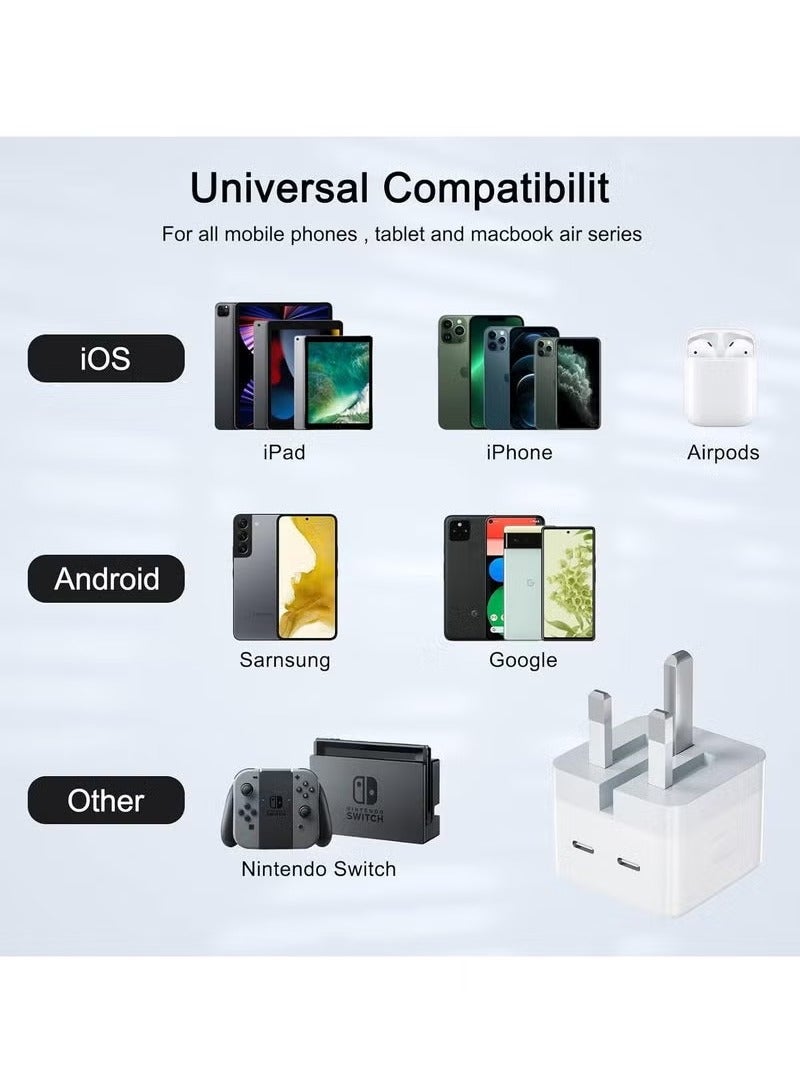 DUSALA 35W Dual USB-C Fast Charger Plug – Type-C Power Adapter with Dual Ports for Simultaneous Charging – Compatible with iPhone 15/14/14 Plus/14 Pro Max/13/12/11/X, Samsung Galaxy, iPad, AirPods, Bluetooth Speakers & More – Compact & Efficient - Image 3