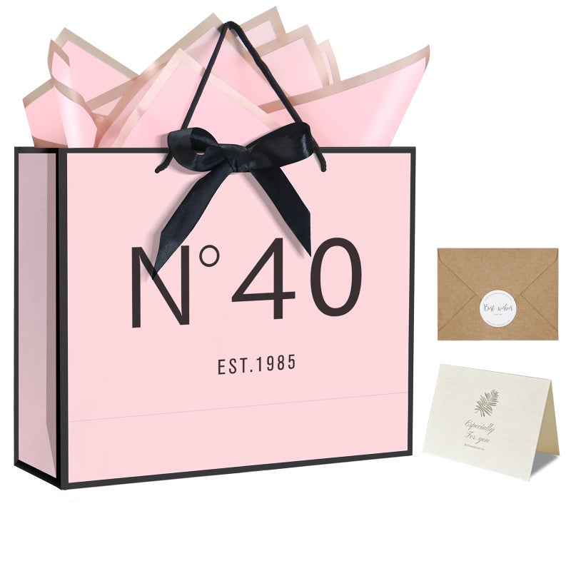 Qlsko 13 "" Birthday Gift Bag With Card Envelope Sticker Bow Ribbon And Tissue Papers For Women Girls Design With Handles 13Th-100Th (Est.1985 40Th  13 "" W X 10.5 "" H X 4.3 "" D) - Image 1
