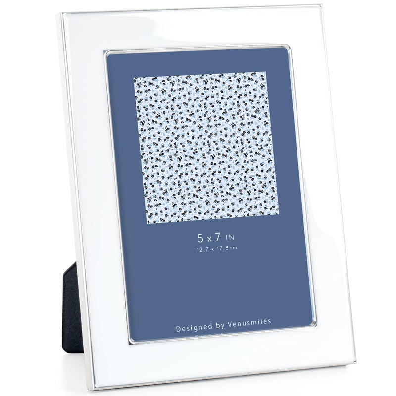Venusmiles 5x7 Enamel Picture Frame  Silver Metal Edge with Easel  Real Glass Photo Frame for Wall and Tabletop Display Family Office Photo Gallery  White Enamel/1pc - Image 1