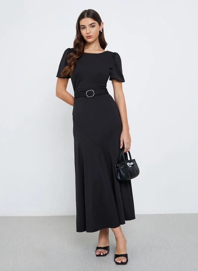 Styli Black Puff Sleeves Maxi Dress with Buckle Accent