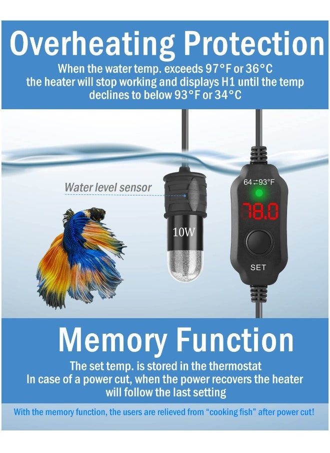 Generic - Adjustable 10W Betta Heater, Small Submersible Fish Tank Heater with Digital Display Thermostat, USB Powered, for Aquariums up to 1 Gallon - Image 1
