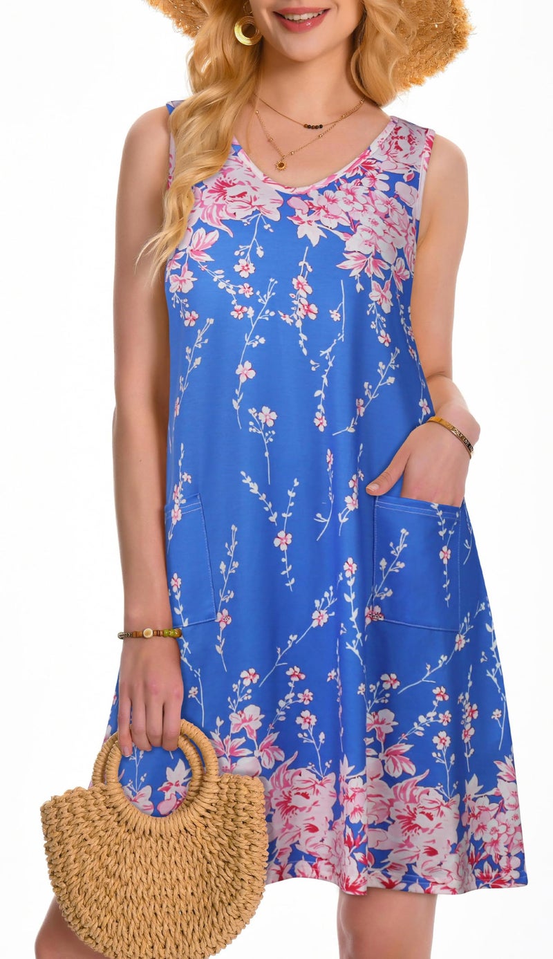 elescat Womens Summer Dresses Casual V Neck Sleeveless Pockets Beach Loose Tank Sundress (Blue Pink Floral, L) - Image 3