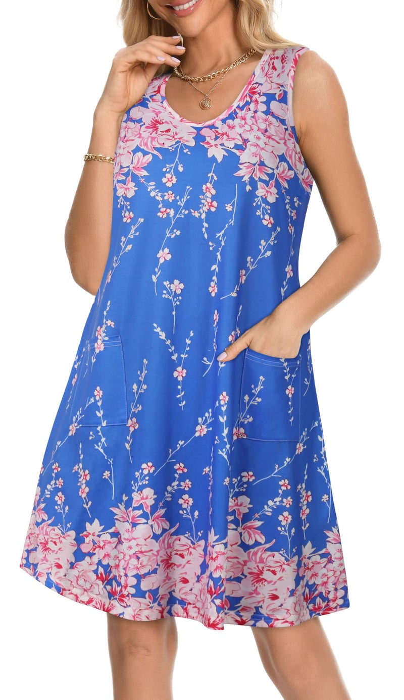 elescat Womens Summer Dresses Casual V Neck Sleeveless Pockets Beach Loose Tank Sundress (Blue Pink Floral, L) - Image 5