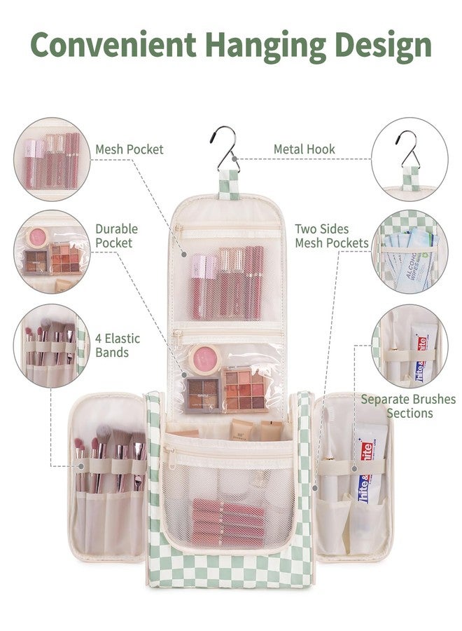 Narwey Checked Hanging Travel Toiletry Bag for Women, Travel Bag for Toiletries, Makeup Bag Organizer Cosmetic Bags Make Up Bags for Women (Mint Green Checkerboard) - Image 2