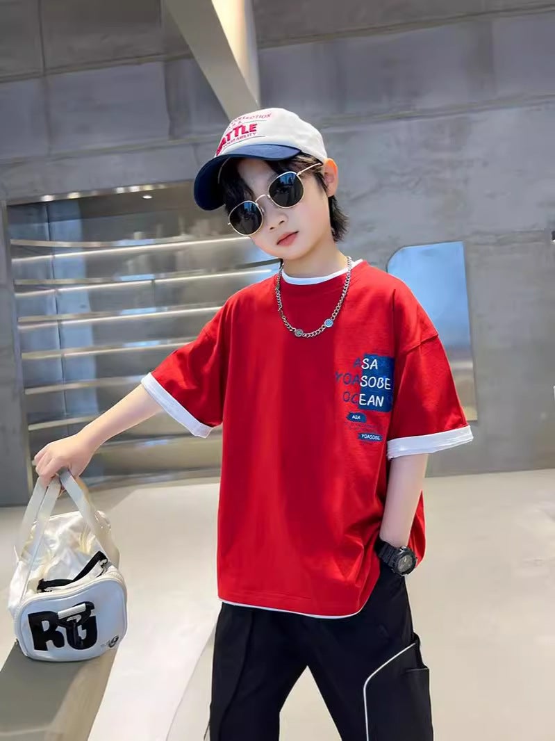 Boys' T-Shirt Short Sleeve 2026 New Summer Style For Elementary School Students, Trendy Pure Cotton Red Half-Sleeve Top, Summer Wear For Boys, Trendy T-Shirt - Image 4