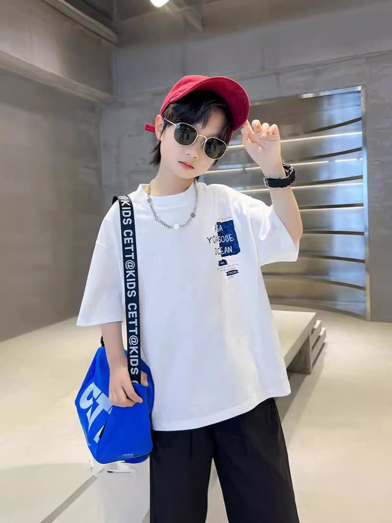 Boys' T-Shirt Short Sleeve 2026 New Summer Style For Elementary School Students, Trendy Pure Cotton Red Half-Sleeve Top, Summer Wear For Boys, Trendy T-Shirt - Image 3