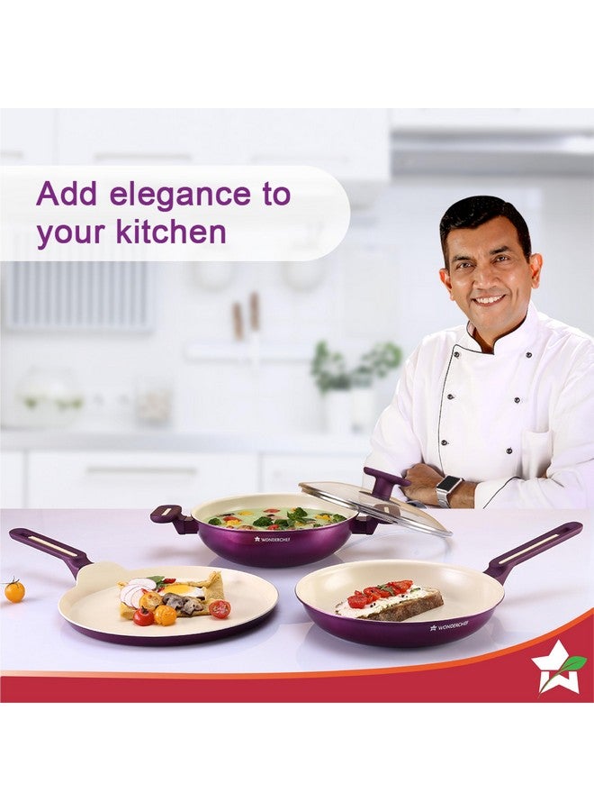 Wonderchef Bellagio Cookware 4 Pc. Set | Kadhai & Lid, Fry Pan, Dosa Tawa | Healthy Ceramic Coating | Non-Toxic | PFAS and PFOA Free | 3mm Thickness | Soft-Touch Handles and Knob | Deep Purple | 2 Year Warranty - Image 2