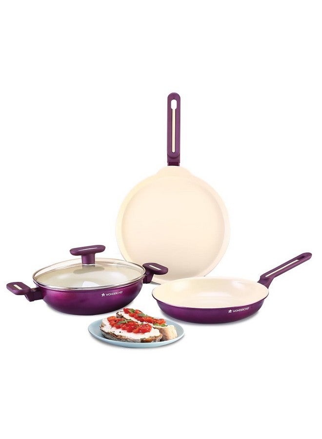 Wonderchef Bellagio Cookware 4 Pc. Set | Kadhai & Lid, Fry Pan, Dosa Tawa | Healthy Ceramic Coating | Non-Toxic | PFAS and PFOA Free | 3mm Thickness | Soft-Touch Handles and Knob | Deep Purple | 2 Year Warranty - Image 1