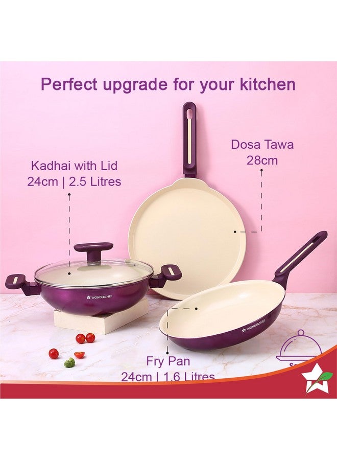 Wonderchef Bellagio Cookware 4 Pc. Set | Kadhai & Lid, Fry Pan, Dosa Tawa | Healthy Ceramic Coating | Non-Toxic | PFAS and PFOA Free | 3mm Thickness | Soft-Touch Handles and Knob | Deep Purple | 2 Year Warranty - Image 5