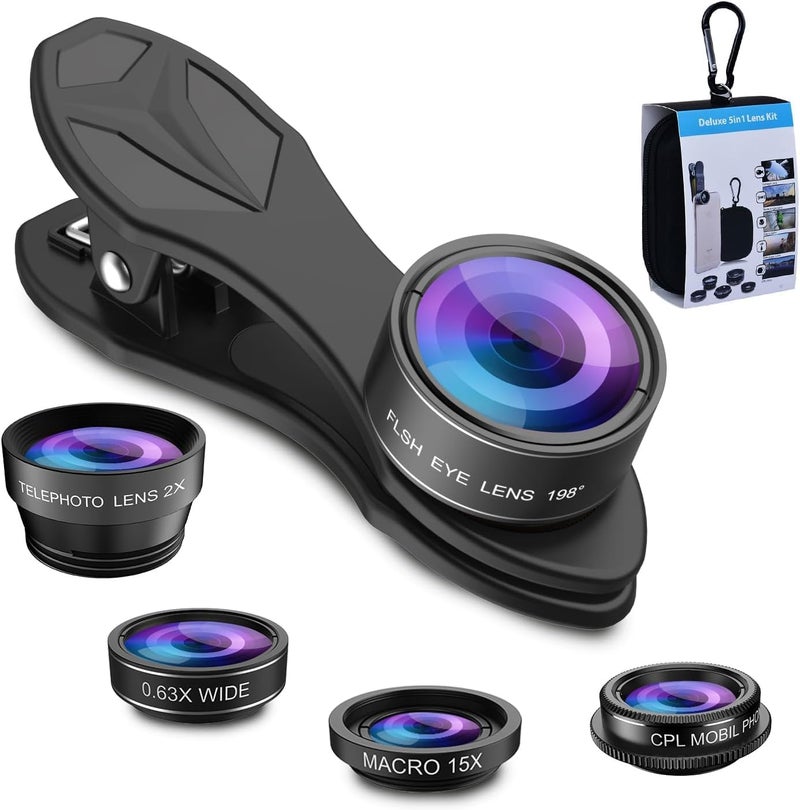 Miao Lab 5 in 1 Phone Camera Lens Kit -0.63X Wide Angle Lens & 15X Macro Lens+190°Fisheye Lens/CPL + 2X Telephoto Lens Compatible with iPhone Samsung Sony and Most of Smartphone - Image 1