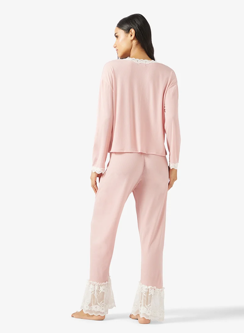 Ginger Lace Detail Top & Pyjama Set