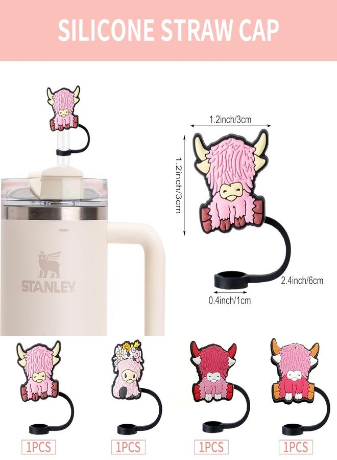 ACEGENIU Straw Cover Cap for Stanley Cup,0.4in/10mm Silicone Pink Highland Cattle Straw Topper Accessories for Stanley 40 Oz - Image 3