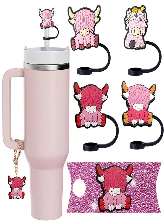 ACEGENIU Straw Cover Cap for Stanley Cup,0.4in/10mm Silicone Pink Highland Cattle Straw Topper Accessories for Stanley 40 Oz - Image 1