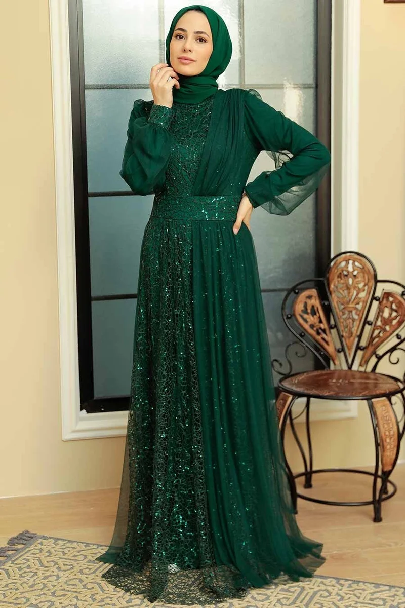 Neva Style Hijab Evening Dress - Sequined Green Hijab Evening Dress 5696Y