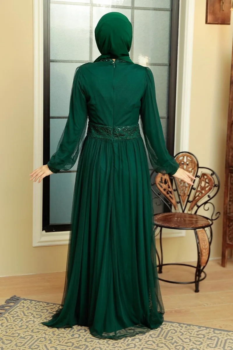 Neva Style Hijab Evening Dress - Sequined Green Hijab Evening Dress 5696Y