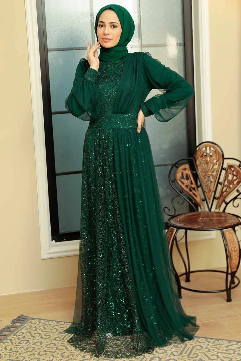 Neva Style Hijab Evening Dress - Sequined Green Hijab Evening Dress 5696Y