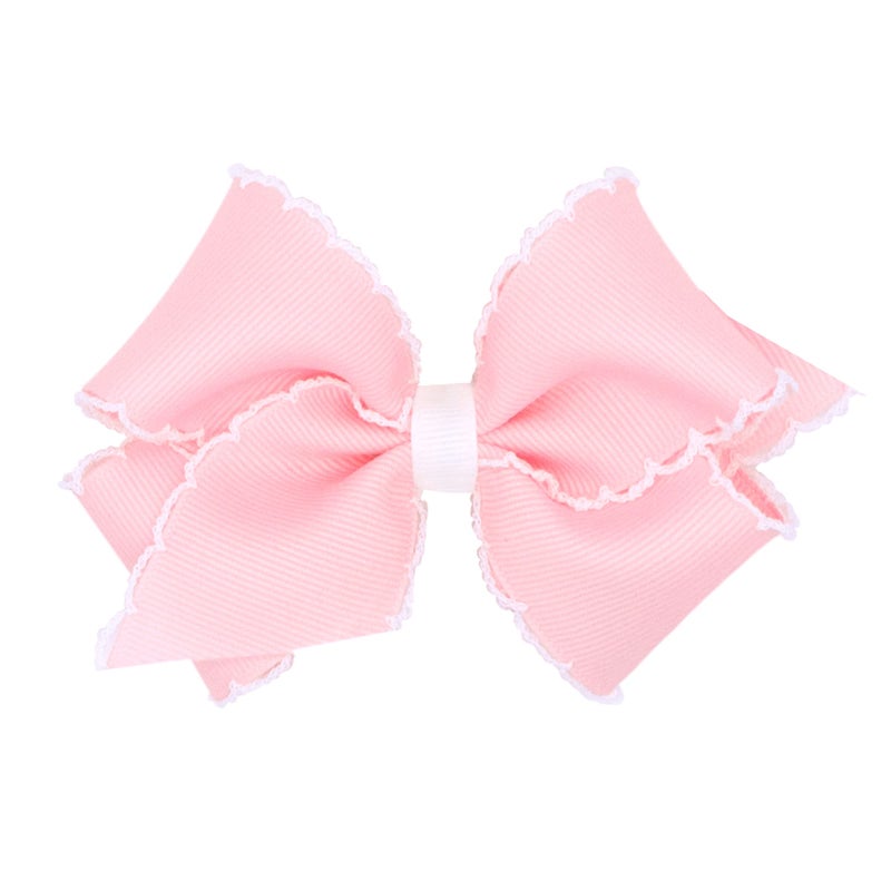 Wee Ones Girls' Classic Grosgrain Moonstitch Edge Hair Bow on a WeeStay Hair Clip, Contrasting Edge, Small, Light Pink with White - Image 1
