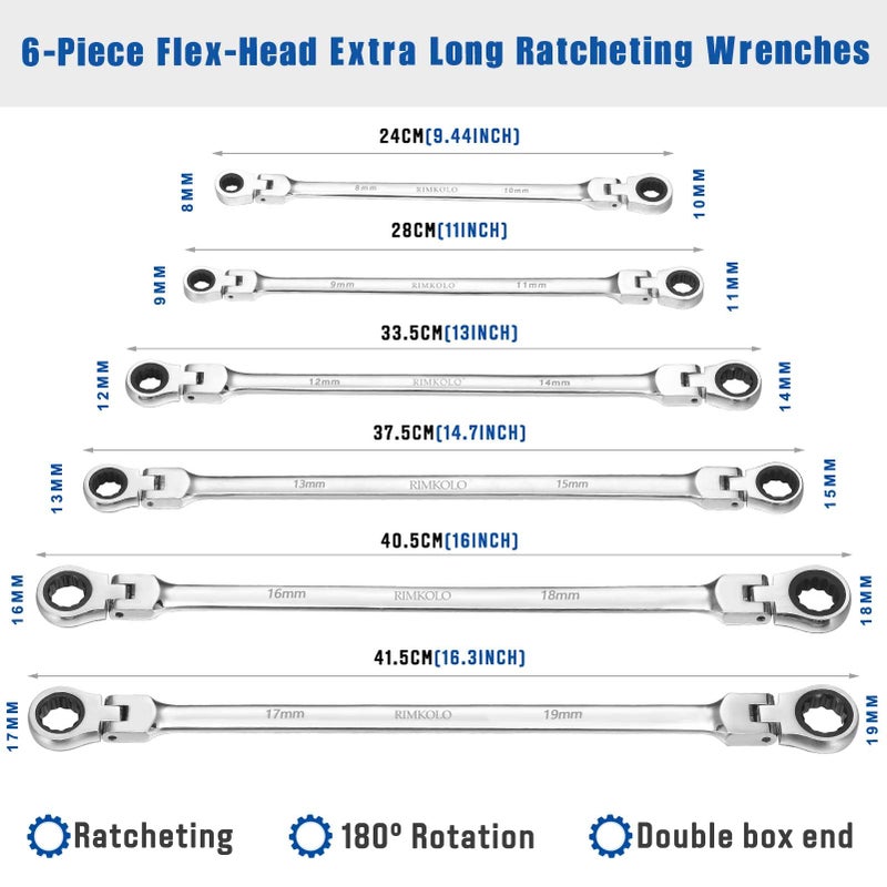 RIMKOLO 6-Piece Extra Long Flex-Head Ratcheting Wrench Set, 72-Tooth Double Box End Wrench Set, CR-V Steel ratcheting wrenches with Metric 8mm - 19mm - Image 2