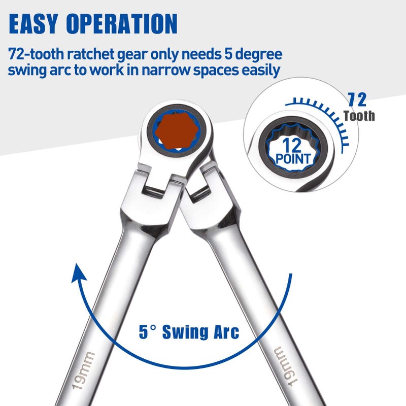 RIMKOLO 6-Piece Extra Long Flex-Head Ratcheting Wrench Set, 72-Tooth Double Box End Wrench Set, CR-V Steel ratcheting wrenches with Metric 8mm - 19mm - Image 5