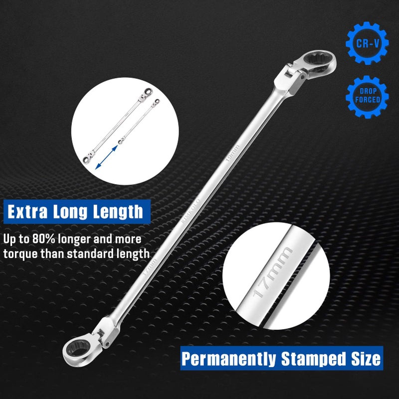 RIMKOLO 6-Piece Extra Long Flex-Head Ratcheting Wrench Set, 72-Tooth Double Box End Wrench Set, CR-V Steel ratcheting wrenches with Metric 8mm - 19mm - Image 4