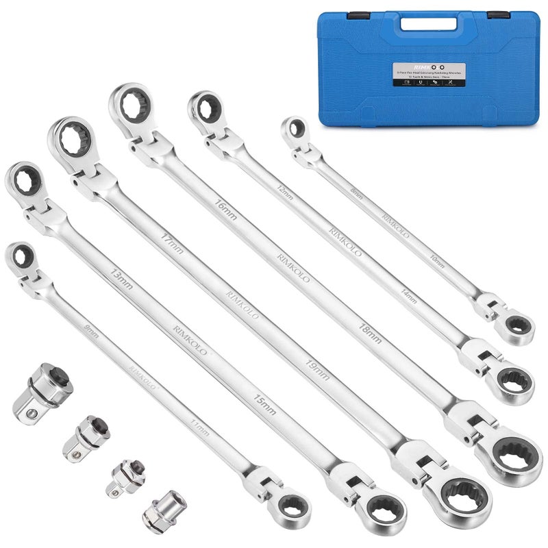RIMKOLO 6-Piece Extra Long Flex-Head Ratcheting Wrench Set, 72-Tooth Double Box End Wrench Set, CR-V Steel ratcheting wrenches with Metric 8mm - 19mm - Image 1