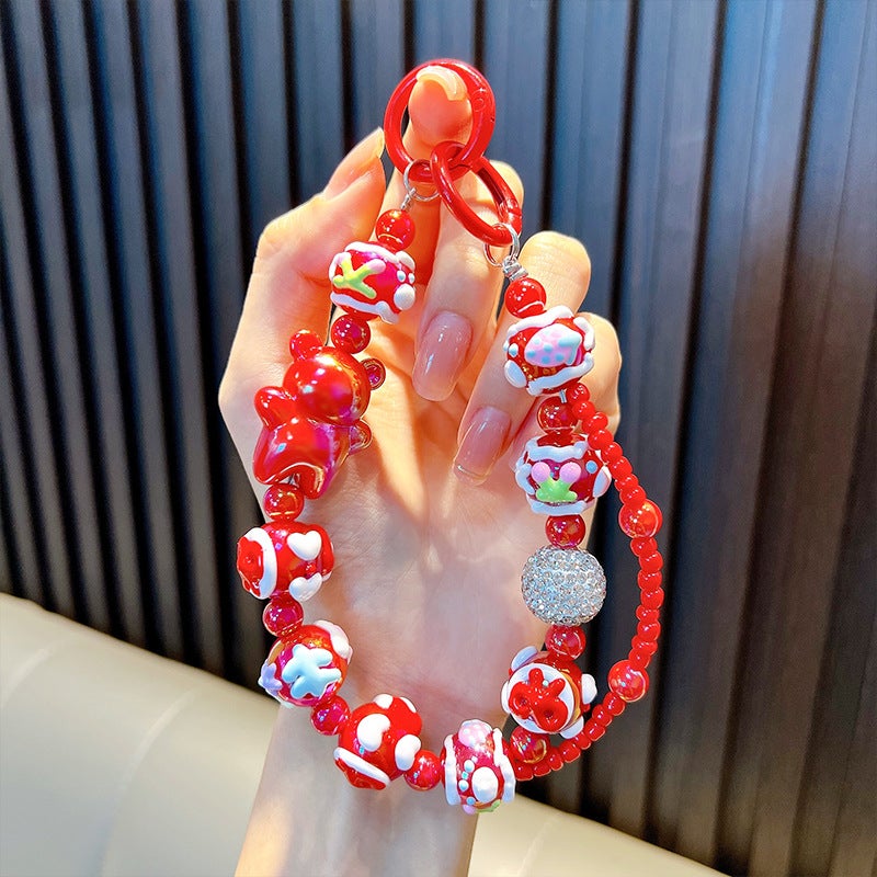 Creative Hand-Painted Bear Beads Mobile Phone Chain Keychain Bag Accessory Couple Gift Keychain Jewelry Fashion Accessories Red-cute bear beaded bracelet (note: shipped by color, hand-painted beads, doll letters, random)