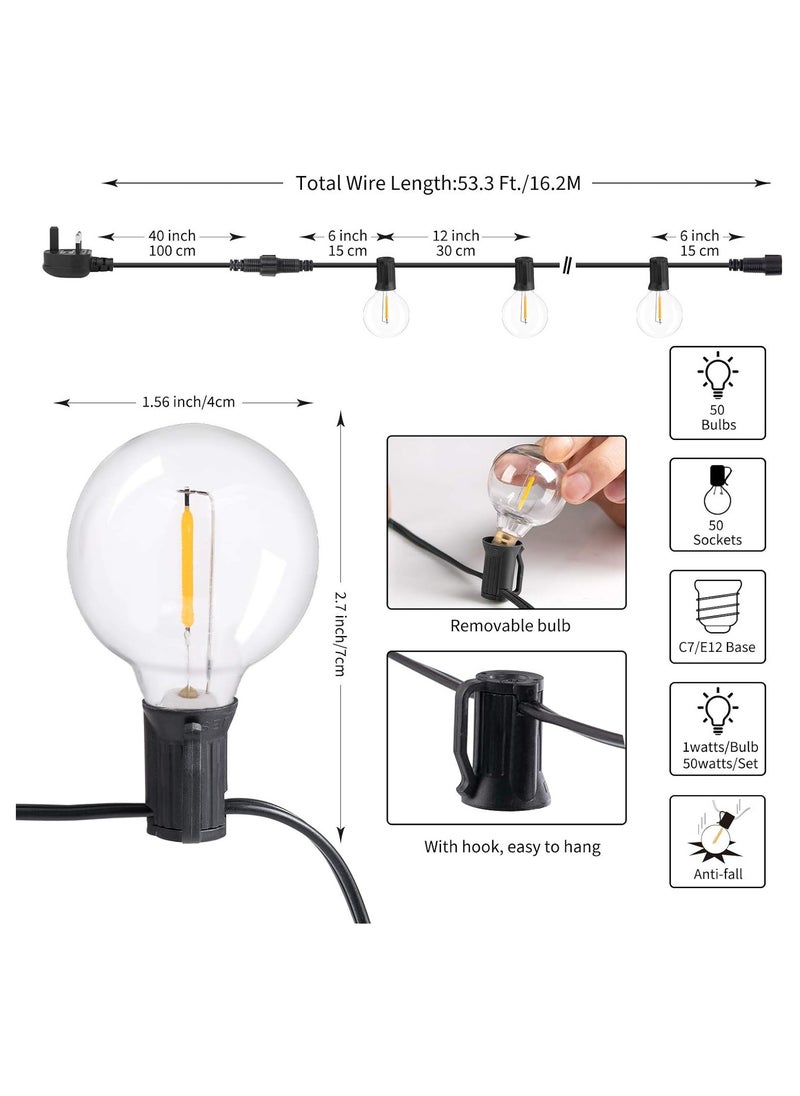 رات سو - أضواء سلسلة LED G40 للفناء مع 50 مصباح LED مقاوم للتكسير، بطول 16.2 متر (53 قدم)، مقاومة للطقس، تعتبر أضواء تجارية للتعليق في الفناء الخلفي، تزيين سوداء E12 Socket بدرجة حرارة 2200K - Image 1