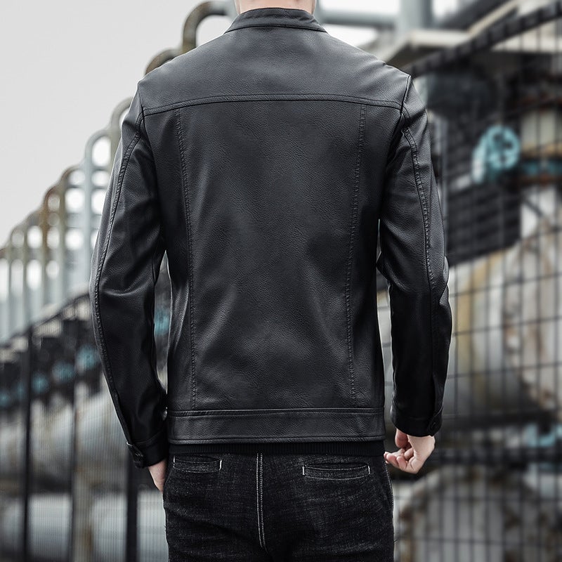 2021 Men'S Motorcycle Leather Jacket New Korean Style Vertical Collar Slim-Fit Handsome Youth Casual Pu Leather Top - Image 5