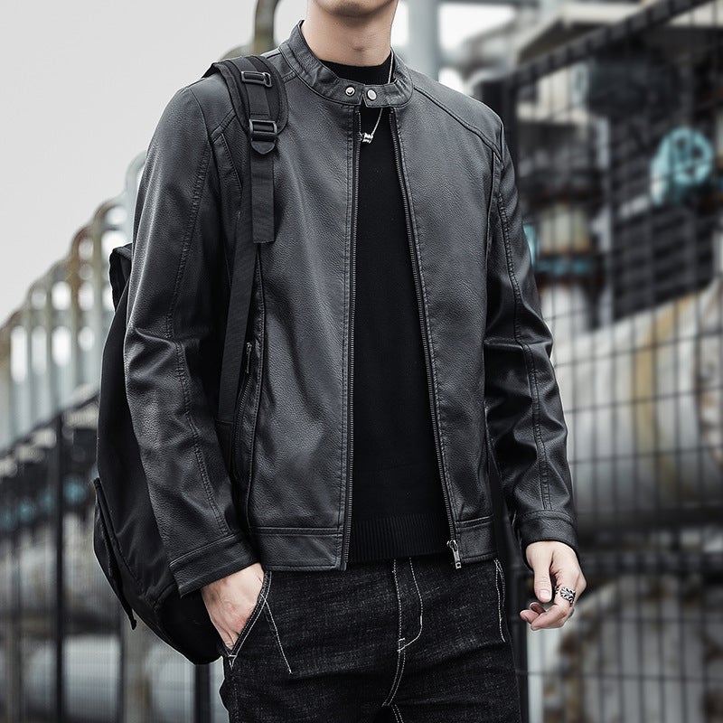 2021 Men'S Motorcycle Leather Jacket New Korean Style Vertical Collar Slim-Fit Handsome Youth Casual Pu Leather Top - Image 2