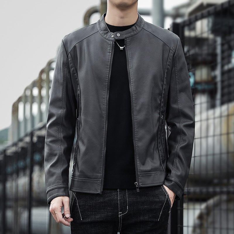 2021 Men'S Motorcycle Leather Jacket New Korean Style Vertical Collar Slim-Fit Handsome Youth Casual Pu Leather Top - Image 4