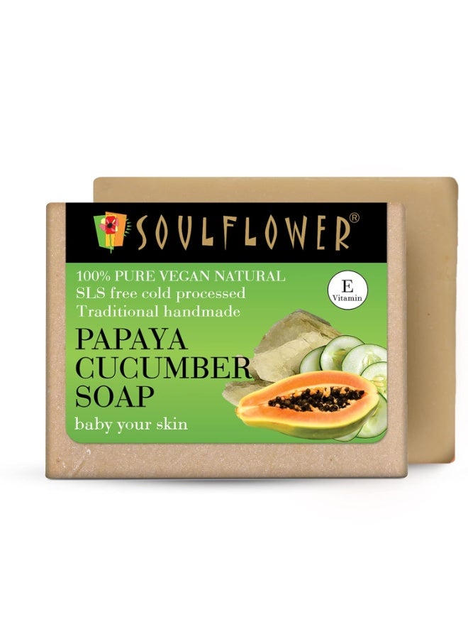 Soulflower Handmade Papaya Cucumber Soap - Pure, Natural, Coldprocessed Grade 1 BIS Standard Luxury soap with Essential oils,Exotic herbs & Aroma 150g - Pack of 2 | Clinically Tested | - Image 1